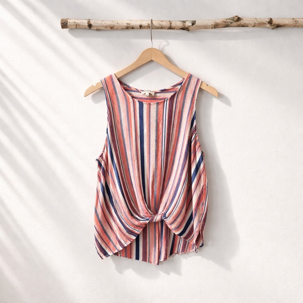 Umgee Tank Top Women Large Coral Navy Blue Striped Twist Front Sleeveless‎ Boho